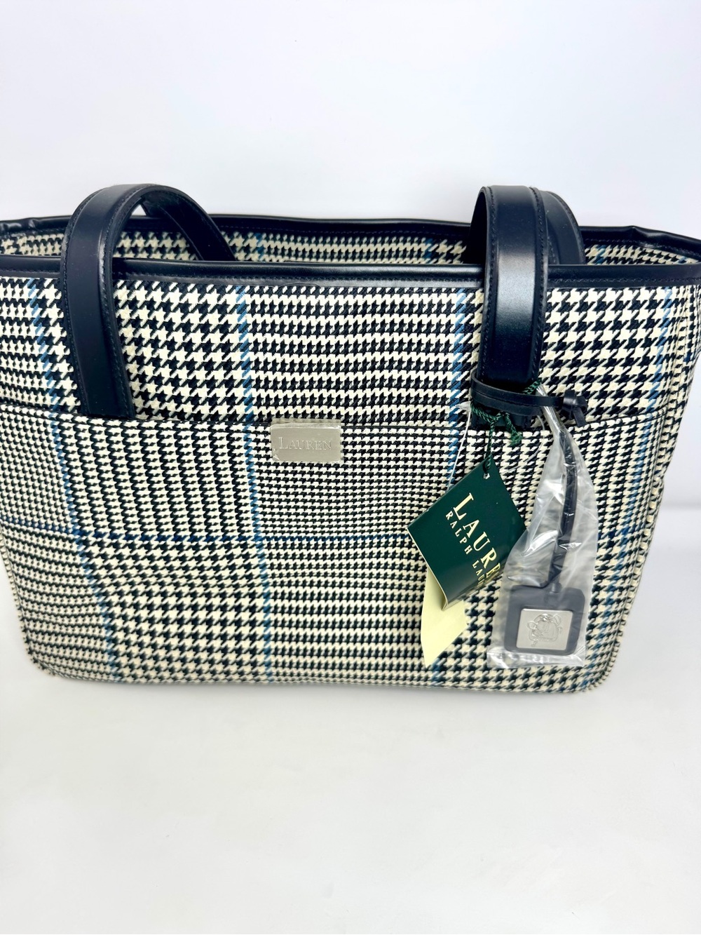 NWT Vintage Lauren Ralph Lauren Houndstooth Full Size Tote Bag Plaid Large